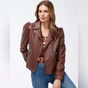 NWOT CHICO's Faux Leather Cropped Moto Jacket In Chocolate Brown Size 8